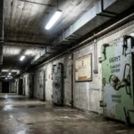 Interior de abrigo subterrâneo com sistemas de ventilação e paredes de concreto.