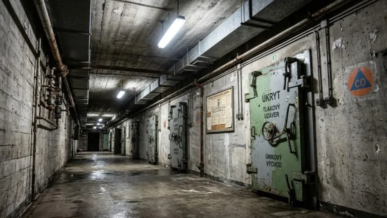 Interior de abrigo subterrâneo com sistemas de ventilação e paredes de concreto.