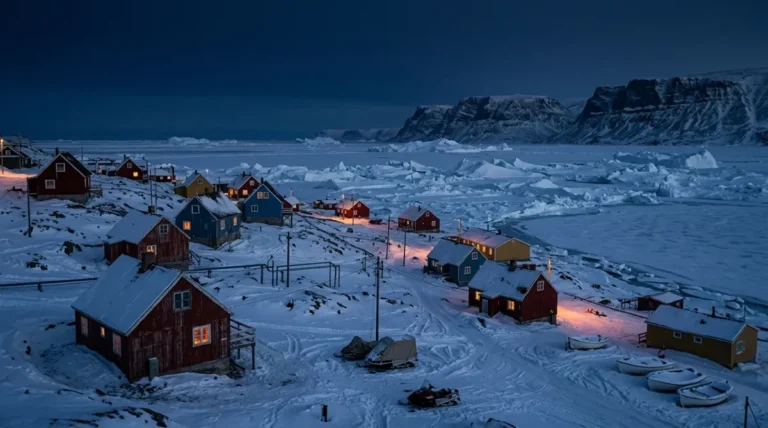 Casas coloridas na vila de Qaanaaq, na Groenlândia, sob o céu da noite polar e mar congelado.