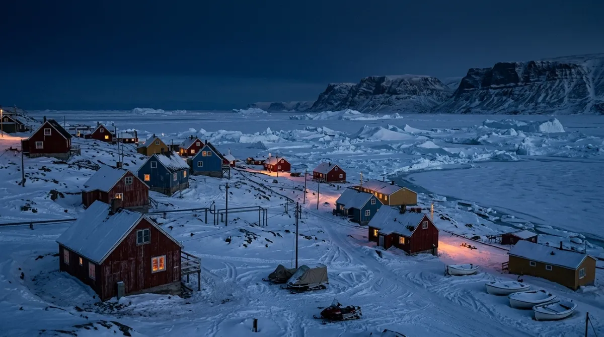 Casas coloridas na vila de Qaanaaq, na Groenlândia, sob o céu da noite polar e mar congelado.